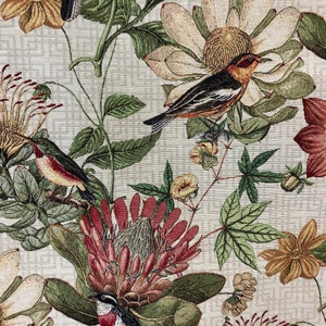 Floral Botanical Bird Flowers Beige Apricot Coral Green Luxury Woven Fabric Sold by Metre