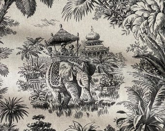 Toile Cotton Linen Fabric: Black and Grey Tropical Print