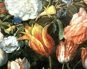Tecido de veludo com estampa floral de tulipas grandes, inspirado nas gotas de água do Museu de Arte Rijsk, ideal para estofamento de almofadas. Artesanato artístico.