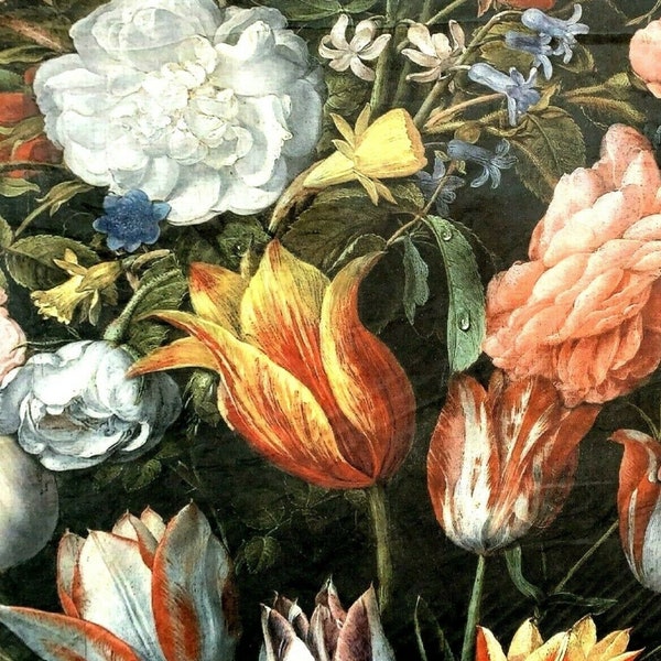 Tela de terciopelo con estampado floral de tulipanes grandes, gotas de agua, del Museo de Arte de Rijsk para tapicería de cojines, arte y artesanía.