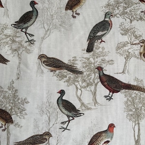 Pheasant Partridge Grouse Print Cotton Fabric Panel 140x100 Beige