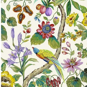 Artistic Fabric Botanical printed birds flowers vibrant colors blue yellow green green