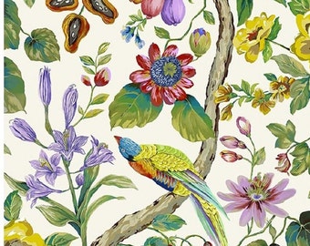 金属製 緑色 花模様 鳥装飾 芸術的な生地 植物プリント 鳥 花 鮮やかな色 青 黄 緑 緑