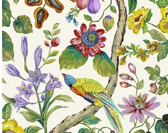 Artistic Fabric Botanical printed birds flowers vibrant colors blue yellow green green