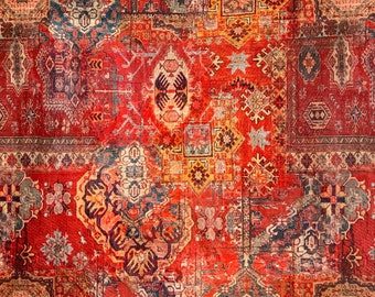 Oriental Kilim Print Cotton Fabric: Rustic Red Moroccan Decor
