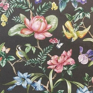 Birds and Flowers Cotton Fabric With Botanical Motif Iris Scandinavian Inspired Home Decor
