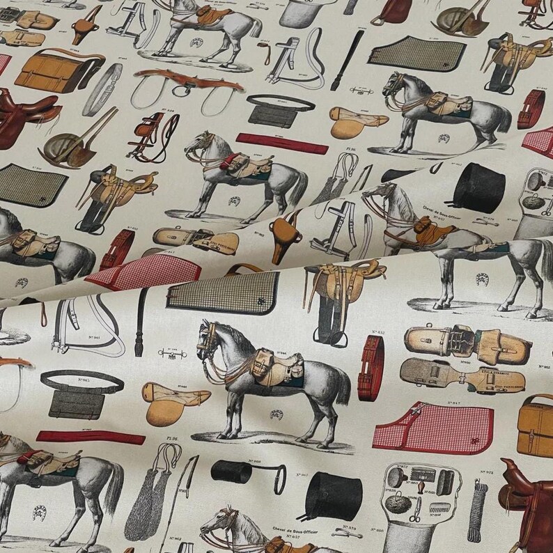 Rustic country upholstery material with saddles and bridle motifs