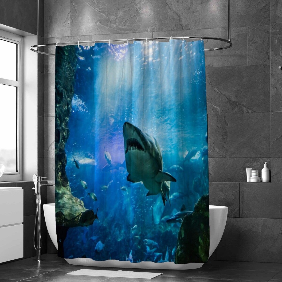 AOACreations Shower Curtain with Hooks Underwater World Sharks Mermaids Prints 