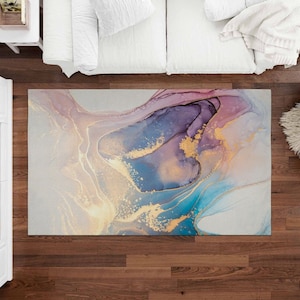 Luxury Alcohol Ink Art Area Rugs Blue And Pink Rug Pastel Pink Area Rug Marble Art Gold Accent Rugs Golden Vein Artwork Living Room