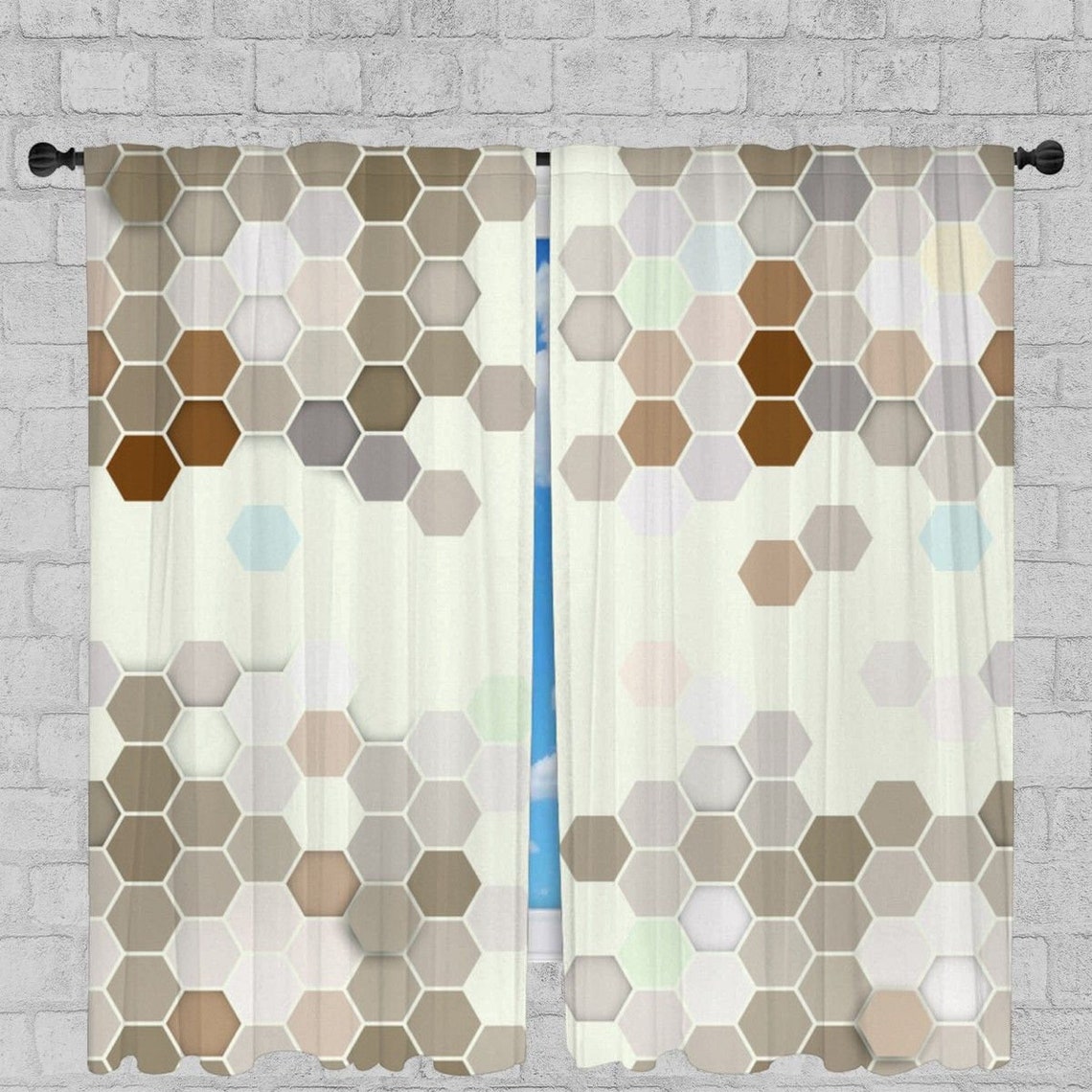 Pattern Window Curtains Hexagonal Motif Drapes Etsy