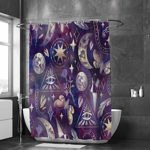 Mystical Shower Curtain: Moon, Stars, Snakes, All Seeing Eye Bath Decor