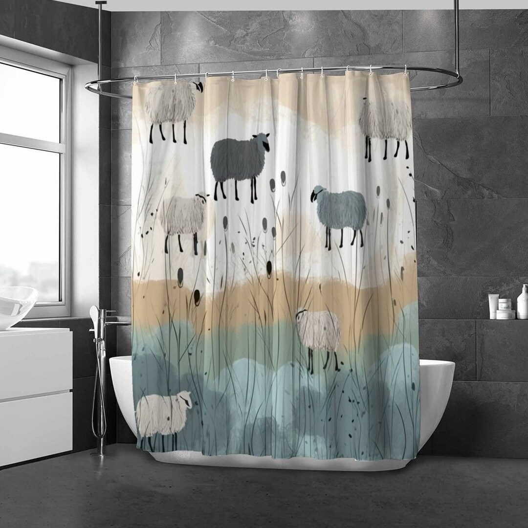 Sheep Shower Curtain Farm Animals Bath Mat Blue Bathroom Decor Etsy