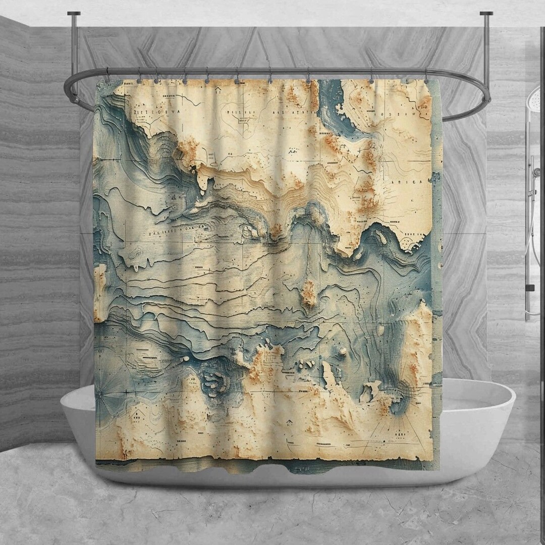 Ancient Map Shower Curtain, Geography Bathroom Decor, Aged Bath Decor