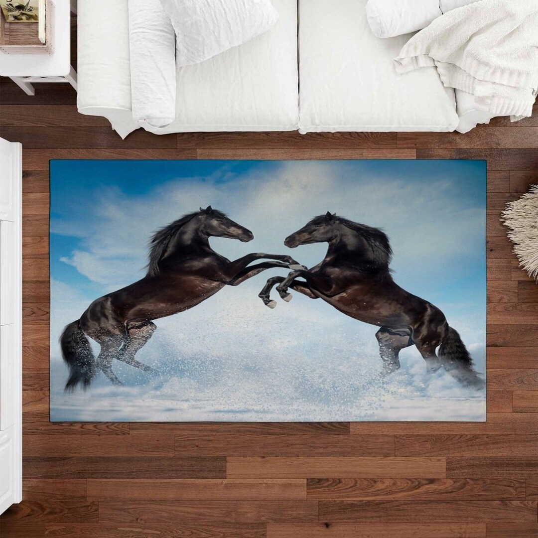 Winter Animal Rugs Horses Area Rug Black Stallions Floor Etsy