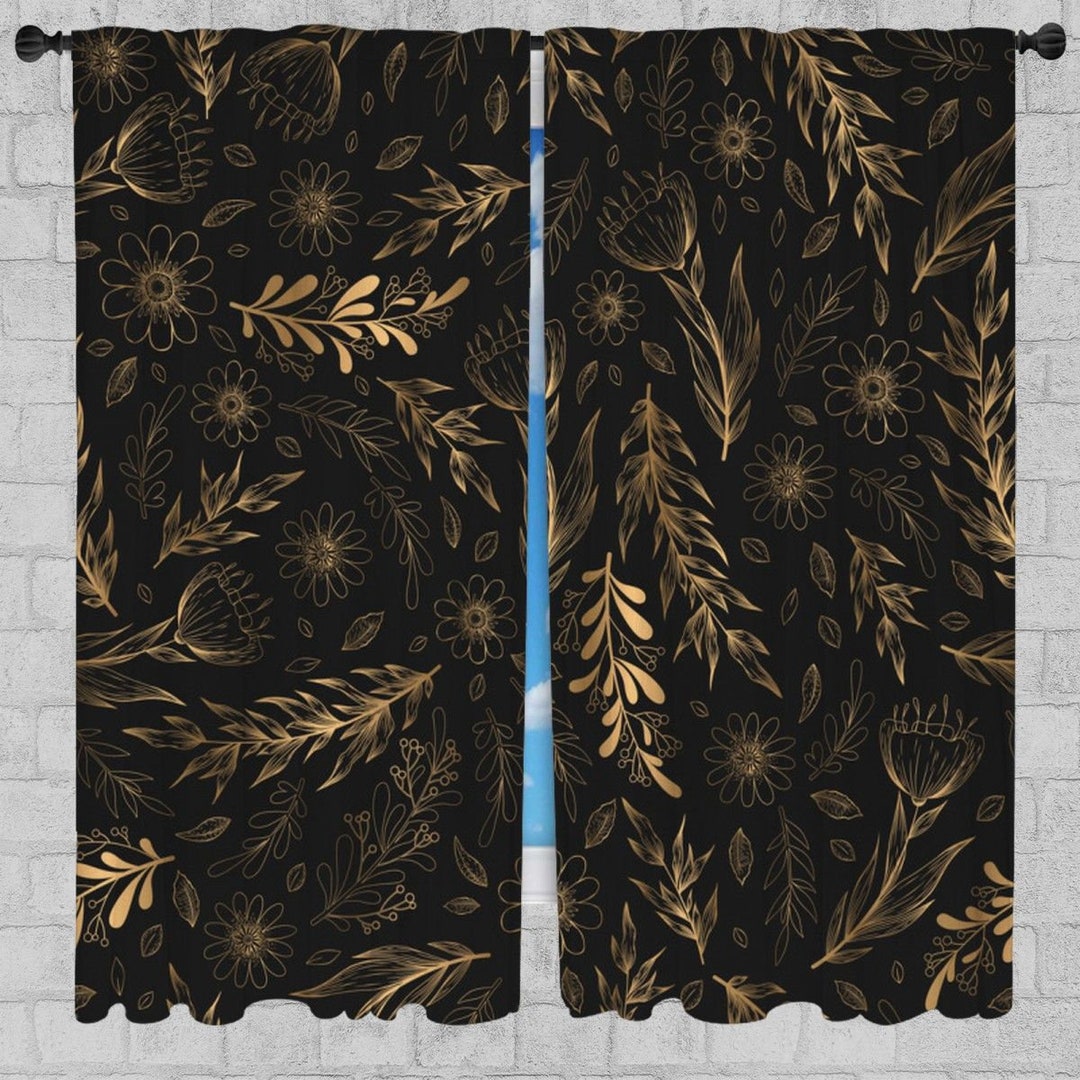 Black and Gold Window Curtains Botanical Drapes Dark Tropical Etsy