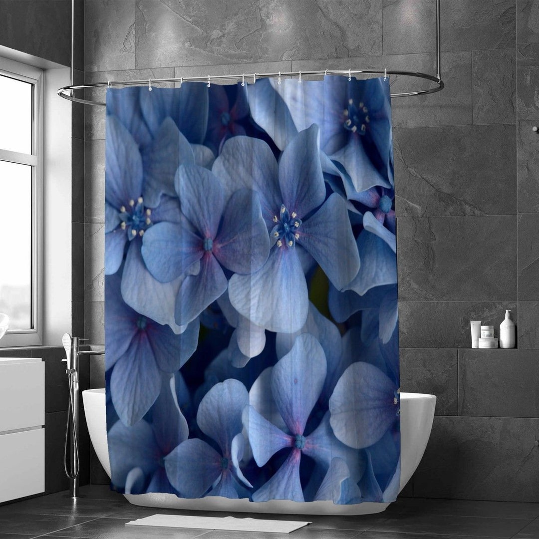Hydrangea Shower Curtain Flower Print Bath Curtain Periwinkle Blue Bath Decor French Floral