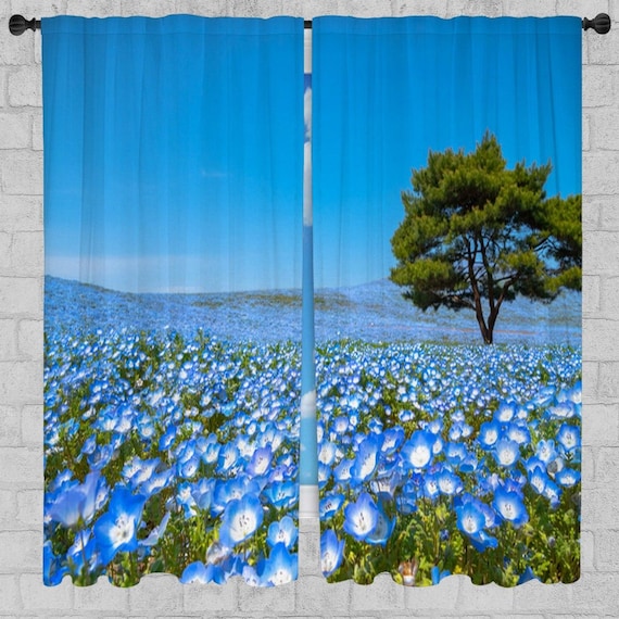青い花柄の窓用カーテン、緑豊かな花畑のドレープ - Etsy 日本