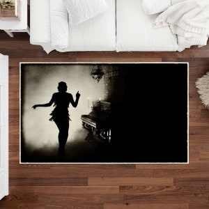 Gatsby In A Dark Alley Area Rug 1920s Rug Black And White Floor Cover Flapper Girl Silhouette Low Pile Rug Twenties Era Living Room Rug