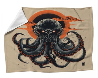 Op de afbeelding: Een zwarte en oranje illustratie van een octopus met gloeiende rode ogen tegen een achtergrond van een grote oranje zon en wolken.