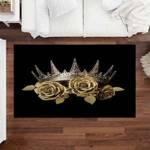 Gold Crown Rose Area Rug: Queen Floral Living Room Decor