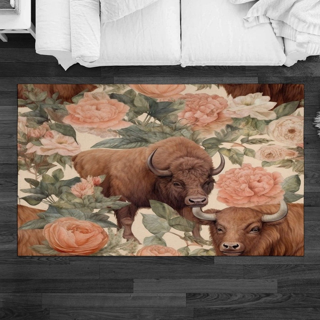 Buffalo Rug Animal Rugs Bison Area Rug Floral Living Room Etsy