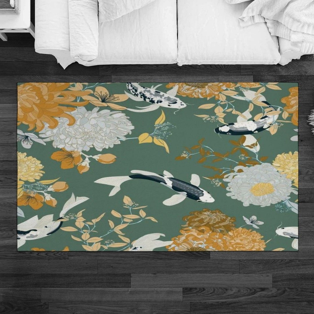 Asian Rug Koi Fish Rugs Floral Area Rug Botanical Living Etsy