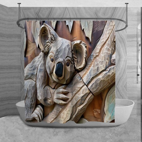Koala Shower Curtain, Carving Bathroom Decor, Adorable Bath Decor, Wooden Bathroom Curtain, Casual Home Decor