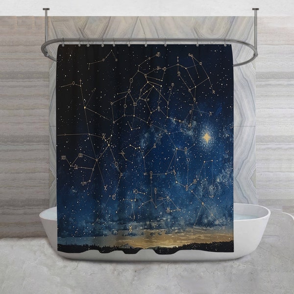 Cortina de ducha con constelaciones: decoración de baño con cielo nocturno astronómico
