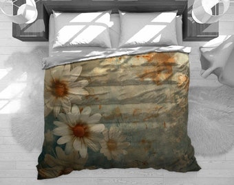 Daisy Bedding, Floral Bedding Set, Petal Details Comforter, Grunge Home Decor, Cottage Duvet Cover