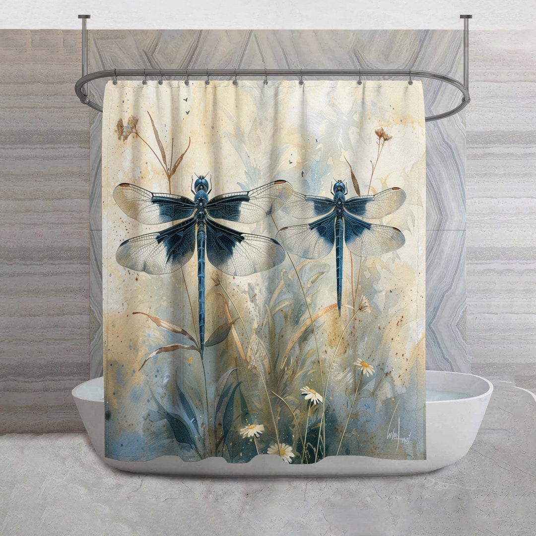Dragonflies Shower Curtain, Insects Bathroom Decor, Natural Bath Mat, Elegant Towels ...