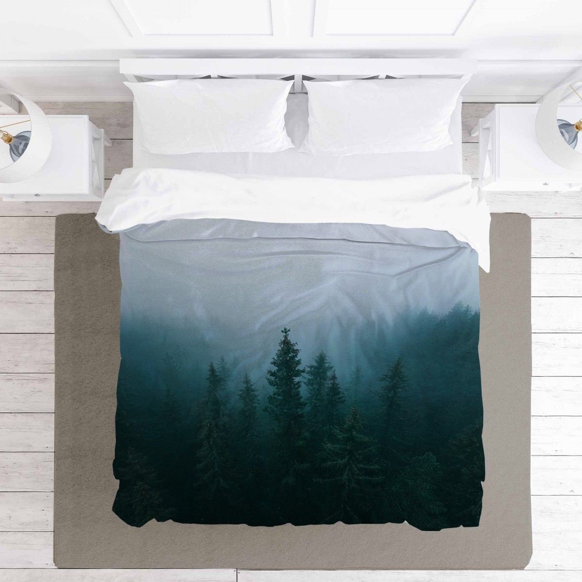 PhotoDuchess Pine Tree Comforter, Pine Trees Covered with Fog Duvets, Green and Off White Duvet Covers, Tree Print Comforters, Forest Bedding