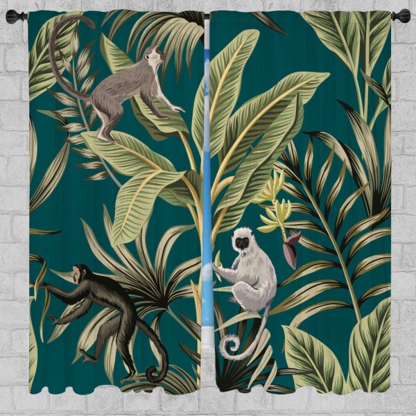 Green Chinoiserie Window Curtains Exotic Monkeys Drapes Banana Trees Curtain Panels Tropical Vintage Lined Curtains Jungle Window