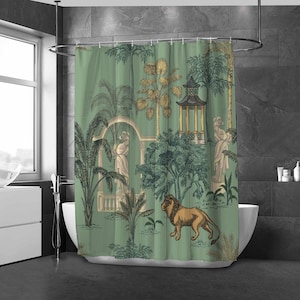 Chinoiserie Shower Curtain, Floral Bathroom Decor, Pagoda Bath Decor, Botanical Bathroom Curtain, Garden Home Decor