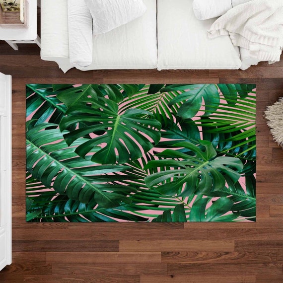 Palm Leaves Print Area Rugs Green and Pink Rug Forest Green | Etsy