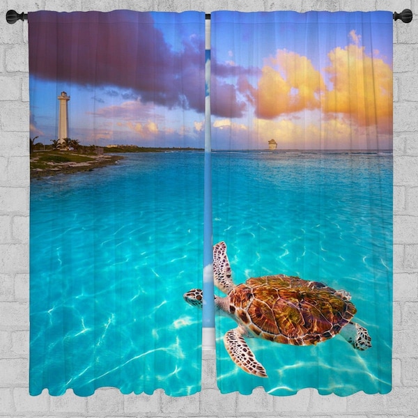 Sea Turtle Curtains Ocean Wildlife Window Curtain Panel Sea Life Themed Drapes Stunning Scenic Room Furnishings Trendy Home Decor