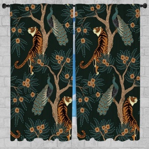 Emerald Green Chinoiserie Window Curtains Large Print Tiger Toile Drapes Peacock and Tiger Curtain Panels Exotic Bird Chinoiserie Lined