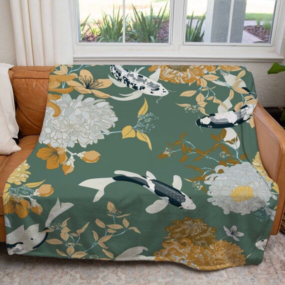 Asian Blankets Chrysanthemum Blossoms Throw Blanket Koi Etsy