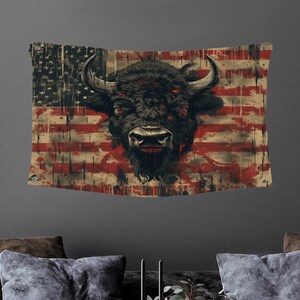 バッファローフラッグタペストリー：アメリカーナウォールアート、ヴィンテージキャンバスラップ