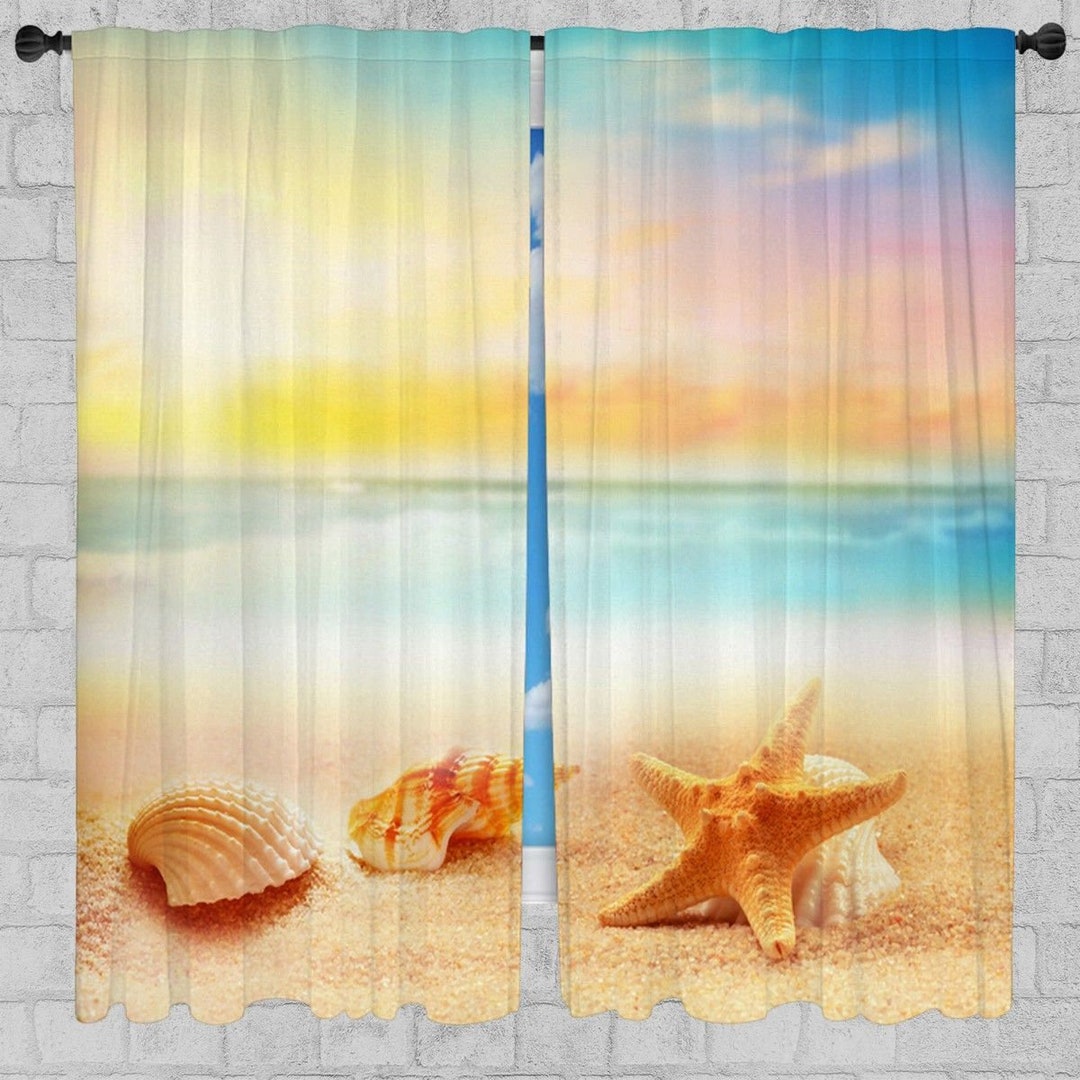 Coastal Print Drapery Beach Themed Window Curtains Tropical Island Home