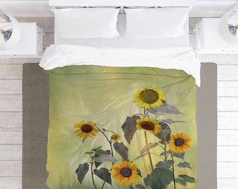 Sunflower Comforter, Sunflowers Blooming Bedding, Yellow And Green Bedspread, Summer Theme Comforters, Flower Theme Bed Cover