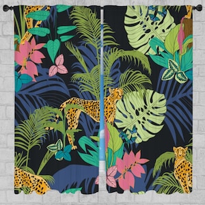 Cheetah Window Curtains Tropical Plants Drapes Colorful Leaves Curtain Panels Safari Themed Lined Curtains Kids Room Home Decor