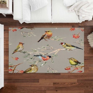 Watercolor Of Cute Birds  Rugs Birds Area Rug Small Birds On Tree Branches Floor Mats Quaint Decor Nature