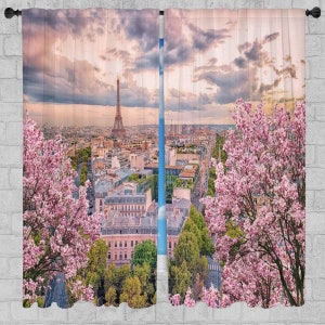 Paris Scenic Curtains Cherry Blossom Window Curtain Panels Floral Cityscape Themed Drapes Botanical Home Decor Flower Garden Drapes