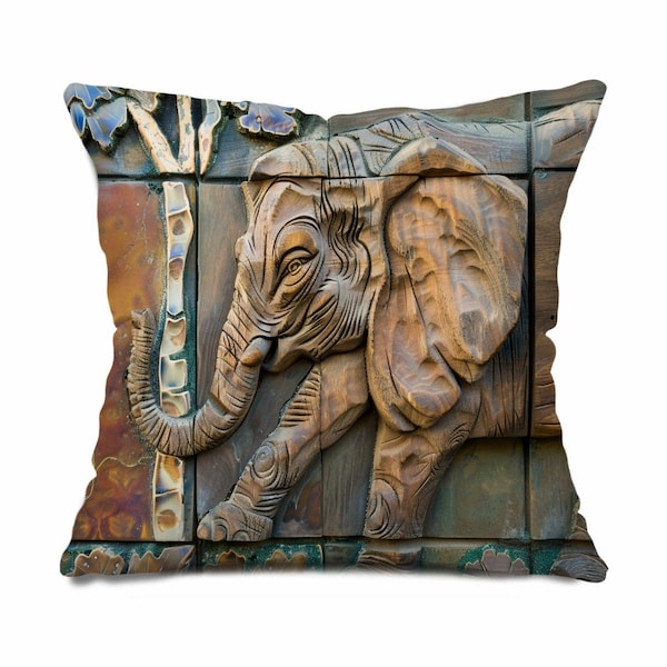 Elephant Pillow, Carving Pillow Cover, Exotic Throw Pillow, Wooden Pillowcase, Global Home Decor