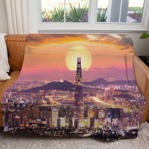 Seoul Blankets South Korea Throw Blanket Cityscape Fleece Blanket Sunset Sherpa Blanket Asian Soft Blanket