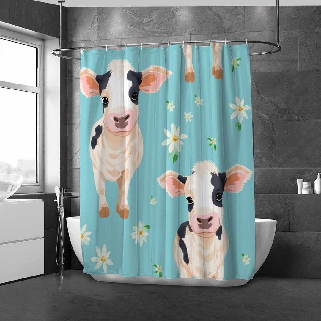 Cow Shower Curtain Animal Bathroom Decor Floral Bath Decor Etsy