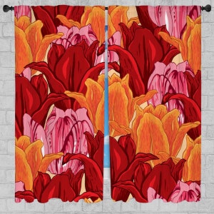 Tulpen Fenster Vorhänge Pink, Rot und Orange Vorhänge Maximalist Blumenvorhang Panels Frühlingsblüten gefütterte Vorhänge Bunt Wohnkultur