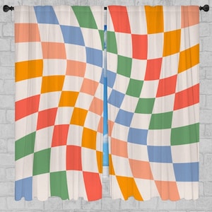 Colorful Checkered  Window Curtains Retro Wavy Drapes Abstract Geometric Curtain Panels Checkerboard Lined Curtains Psychedelic Home
