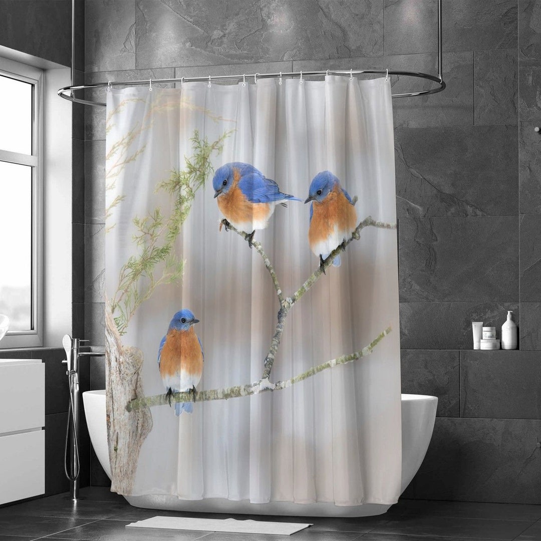 Bluebirds Shower Curtain Nature and Wildlife Bath Curtain Brown Blue