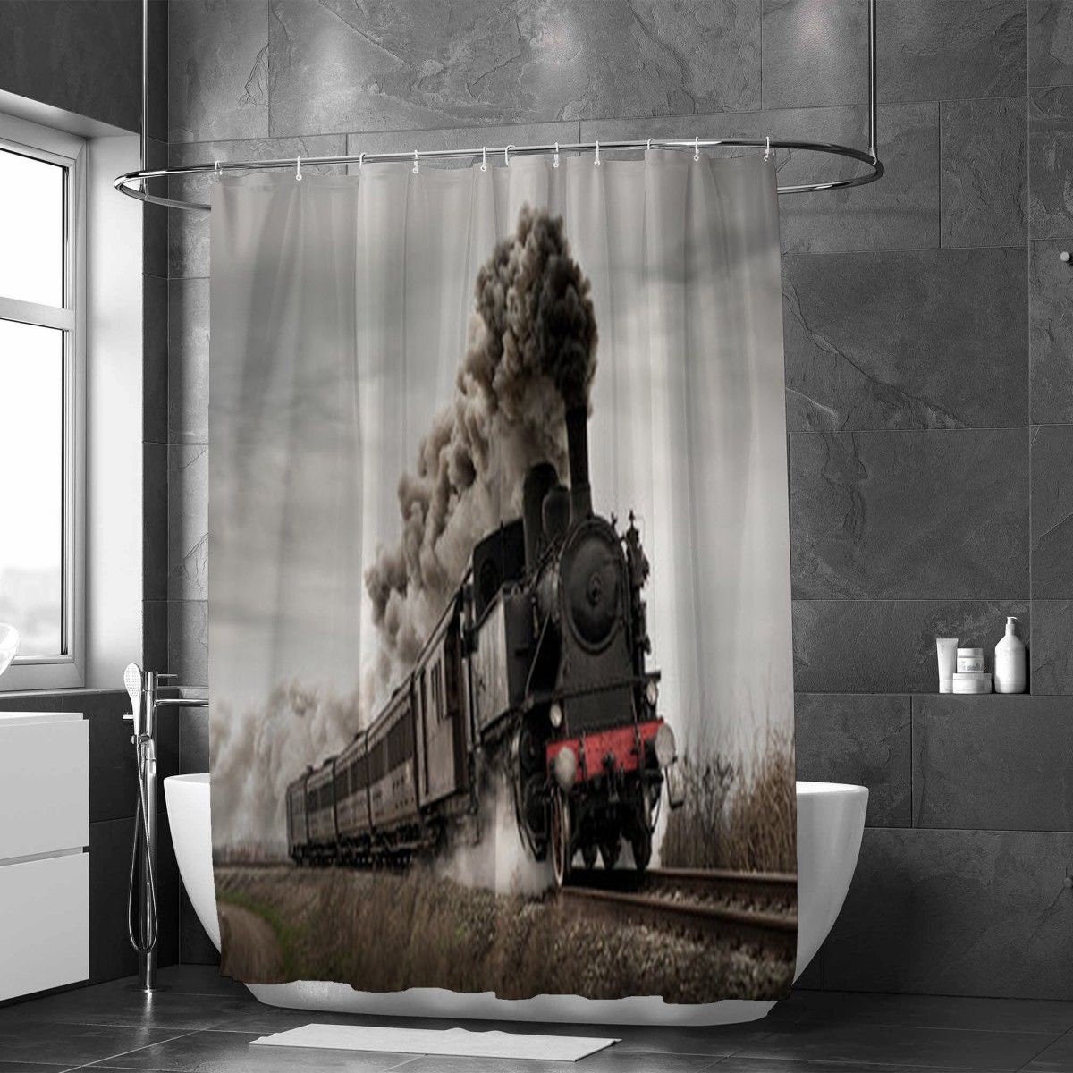 Retro Train Shower Curtains Steam Engine Train Track Bathroom Decor  Mountain Forest Natural Scenery Hanging Curtains Screen AliExpress |  Vintage Steam Engine Locomotive Train Moving Down Railroad Track Shower  Curtain Bathroom Waterproof